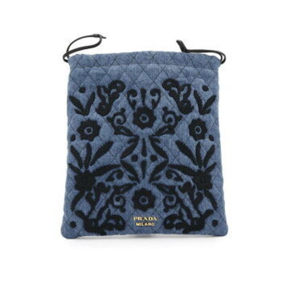 Prada embroidered denim drawstring pouch makeup bag black - Picture 1 of 8